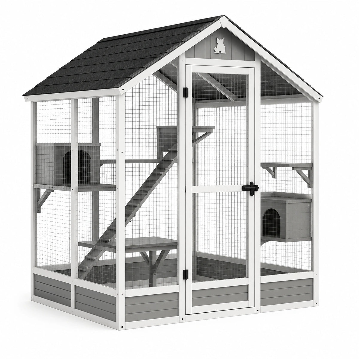 Jaula de madera y metal exterior para gatos 158x109x180 cm gris y blanco
