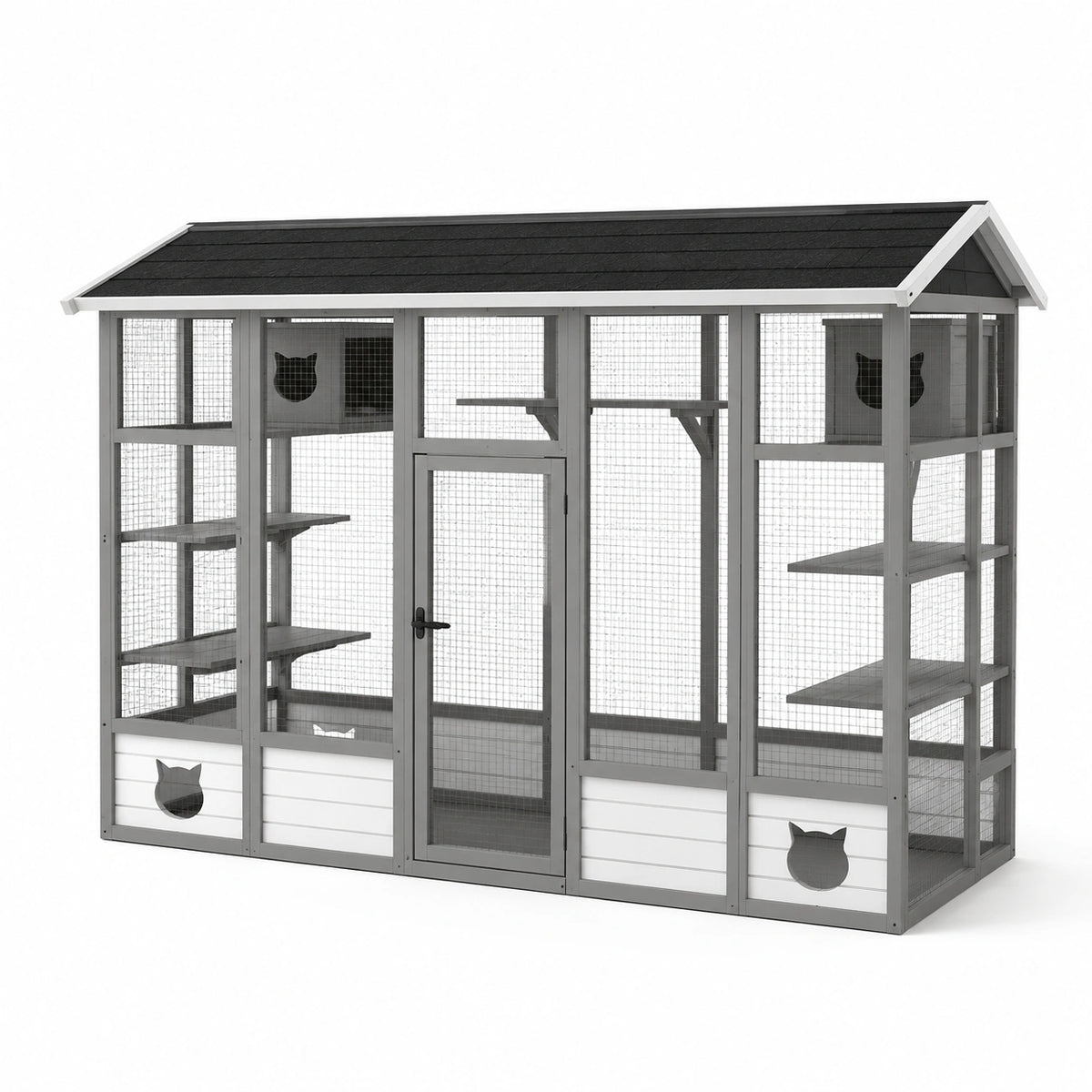 Jaula exterior para gatos de madera y metal gris 180x90x180 cm