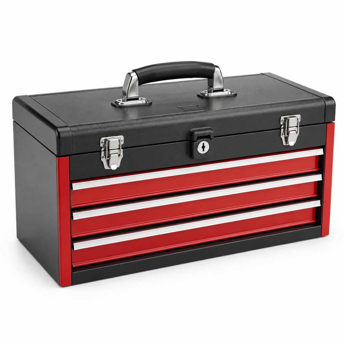 Caja de herramientas de acero con 3 cajones con cerradura, negro y rojo