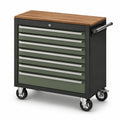 Carro de herramientas de metal con tapa de madera y 6 cajones, verde/negro