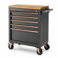 Carro de herramientas de acero con tapa de madera, 5 cajones y ruedas, negro