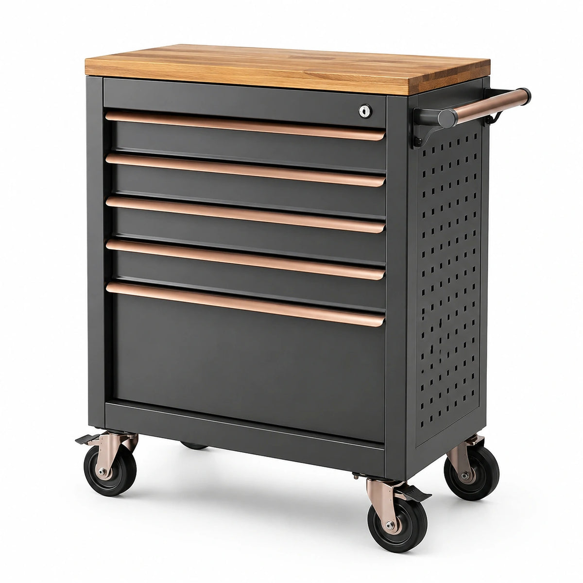 Carro de herramientas de acero con tapa de madera, 5 cajones y ruedas, negro